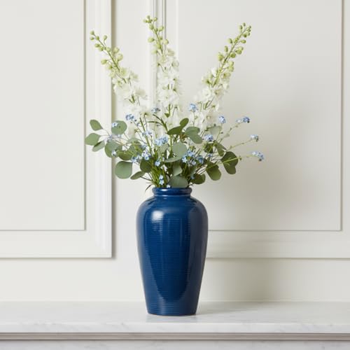 Blue Ceramic Vases Home Decor - 11 Inch Tall Farmhouse Vases for Flowers, Modern Textured Vase for Centerpieces, Living Room, Kitchen Island Decor, Fireplace, Entryway Decorations - color: Blue