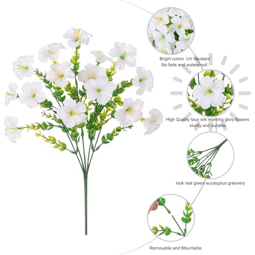Artificial Flowers for Outdoors Decoration, 20 Bundles White Faux Morning Glory with Eucalyptus Look Real UV Resistant Fake Plants Silk Flowers for Outside Yard Gardens Porch Patio Planter Home Urn - color: White