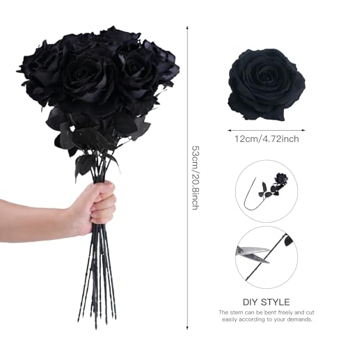 12 Pcs Black Roses Artificial Flowers with Long Stem, Faux Silk Rose Bouquet Realistic Lifelike Fake Floral Bundles for Halloween Valentine's Day Wedding Party Table Centerpiece Decor, Large - color: Black, size: Large