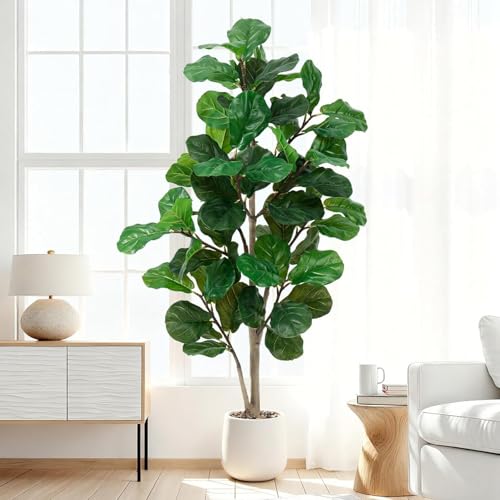Faux Fiddle Leaf Fig Tree 5ft Tall Indoor Fake Tree in White Pot with 70 Leaves Artificial Ficus Lyrata House Plant for Indoor Home Office Bedroom Living Room Decor Perfect Housewarming Gift - size: 5ft