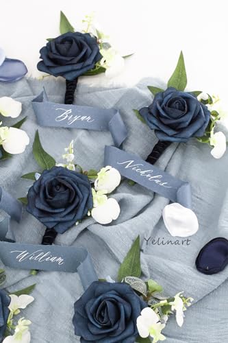 1 Pc Sinlge Navy Blue Boutonniere for Men for Wedding Groom Groomsmen Artificial Rose Rose Flowers Boutonniere for Wedding Ceremony Anniversary Formal Dinner Party - color: Navy Blue, size: 1 Pack