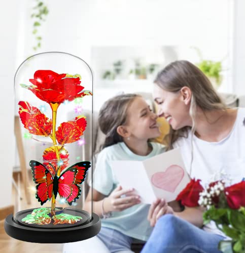 Mothers Day Rose Flower Gifts for Mom, Birthday Gifts for Women, Galaxy Crystal Light Up Rose Flowers in A Glass Dome, Mother Day Presents Wife Grandma Sister Her Mom from Daughter Butterfly Red - color: A-red
