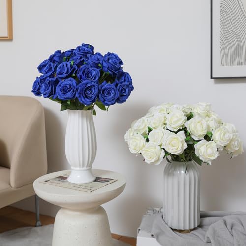 Tifuly Roses Artificial Flowers - 12 pcs Realistic Long Stem Fake Roses Mashup Style Silk Roses for DIY Bouquets Wedding Centerpieces Arrangements Home Party Decor（White & Blue） - color: White & Blue