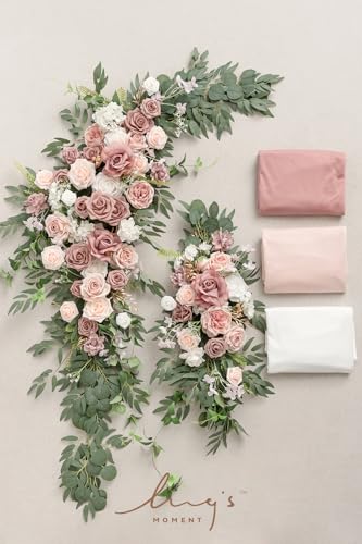 Ling's moment Deluxe Wedding Arch Flowers with Sheer Drapes Kit - Artificial Pink and White Floral Arrangements for Ceremony Backdrop, Arbor Decor, 5-Piece Set (2 Flower Stems + 3 Hanging Drapes) - color: Pk-dusty Rose & Cream