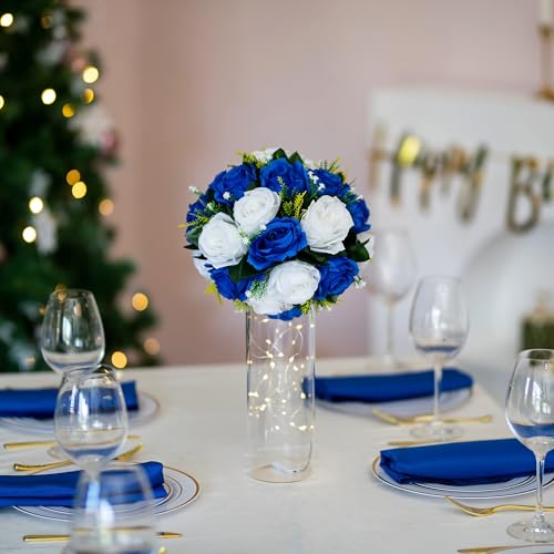 Flower Balls Wedding Rose Centerpieces: 10 Pcs Fake Flowers Royal Blue&White Kissing Balls Decor Artificial Floral Arrangements Flower Bouquet of Roses Home Party Table DIY Decorations - color: Royal Blue White