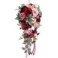 9.1 Inch Cascading Bridal Bouquet Waterfall Cascade Bridal Wedding Bouquet for Bride with Artificial Rose Flower Ribbon Rustic Burgundy Mauve and Pink - color: Burgundy, Mauve & Pink