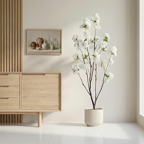 Ttranewsoo Fake Tree Cherry Blossom Tree 59'' Artificial Cherry Blossom Tree Tall Fake Plant Faux Trees Indoor Artificial Trees for Home Decor Indoor Applies to Living Room Bedroom Balcony (White) - color: 1.5m White