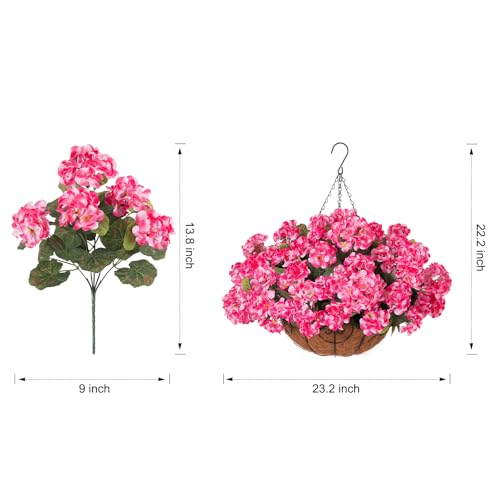 INSPRING Geraniums Artificial Flowers Hanging Basket for Outdoors Outside Spring Decoration, 8 Bundles Silk Flowers Fake Plants Look Real UV Resistant for Porch Home Patio Balcony Yard, Pink - color: Pink