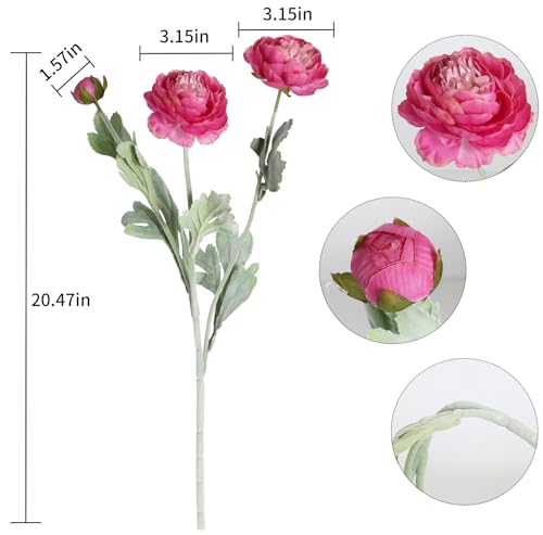 IPOPU Hot Pink Flowers Fake Peonies Artificial Ranunculus Flowers 6pcs 18Heads Hot Pink Silk Flowers 20.47" for Faux Floral Arrangements Wedding Bouquets Home Table Decor - color: Hot Pink