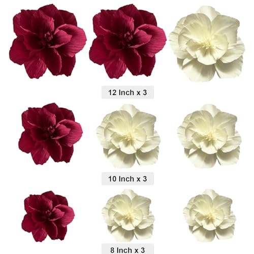 BRT Bearingshui Crepe Paper Flowers Decoration for Wall Total 9 Pcs, Artificial Flowers Backdrop for Wedding Decor Baby Bridal Shower Birthday Party, Burgundy Cream 3D Wall Flowers Decor - color: Burgundy Cream