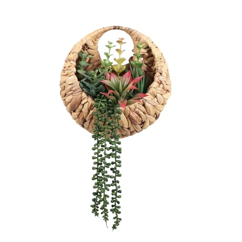 Fake Plants Hanging Artificial Succulents Plants in Woven Basket, Faux String of Pearls Greenery Plants for Living Room Bathroom Boho Wall Decor