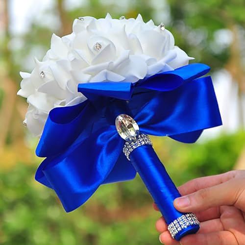Wedding Bouquets for Bride, Bridal Flowers for Wedding, Bride Bridesmaid Hand Flowers Bridal Bouquet Crystal Diamond Silk Roses, Artificial Flowers Bouquet for Church Wedding Party (Blue) - color: Blue