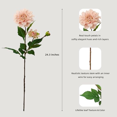 KBREE Dahlia Artificial Flowers, 3 Pcs Real Touch Blush Pink Flowers, 24.3” Long Stem Faux Dahlias in Natural Tones, Large Bloom Stems for Wedding Bouquet DIY, Table Centerpiece & Home Office Decor - color: Blush Pink