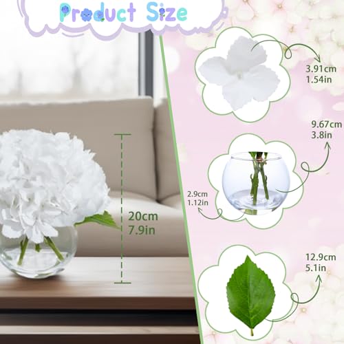 White Artificial Hydrangea Flowers in Glass Vase with Faux Water, 3 Stems Lifelike Fake Floral Arrangement, UV-Resistant Odorless Centerpieces for Dining Table Home Office Decor (7.9") - color: White