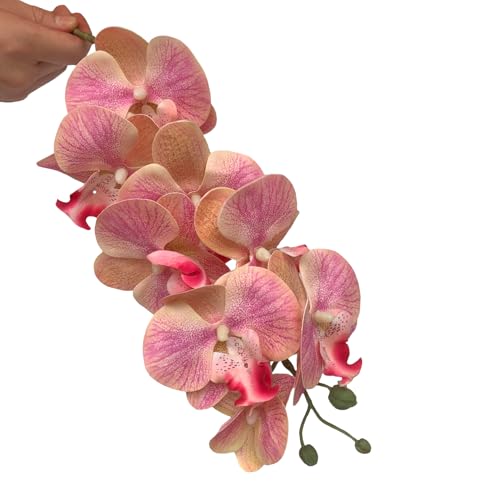 HinyoCo 5 Pcs Artificial Orchid Flowers and 4 Bundles Leaves, Artificial Phalaenopsis Flowers 32 Inch Stem Plants for Home Wedding Decoration (Pink) - color: Pink