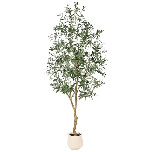 FEELEAD 7ft Olive Trees Artificial Indoor - Tall Faux Olive Tree 7 feet (84") with Pot, Fake Plants Natural Olive Branches and Realistic Leaves Olive Silk Tree for Home Office Decor - size: 7ft