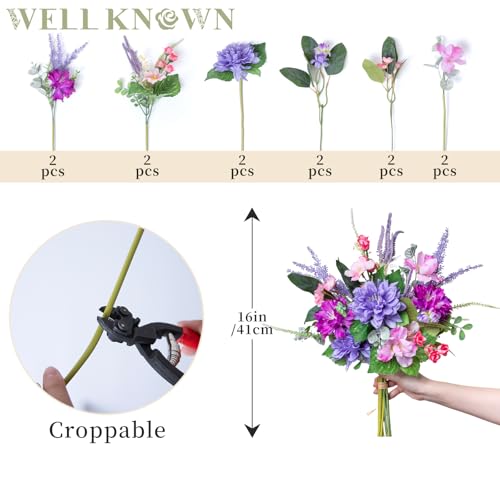 WELL KNOWN Artificial Flowers Bouquet, Fake Flowers for Vase, Silk Faux Flowers DIY Table Centerpieces for Wedding, Dining Room, Kitchen, Office, Farmhouse, Mother's Day Decor & Gift (Violet Pink) - color: Violet & Pink