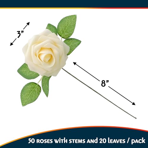 Artificial Ivory Foam Roses with Stems & Leaves - Pack of 50, Perfect for Wedding Centerpieces, Event Decor, DIY Bouquets, and More - color: Ivory