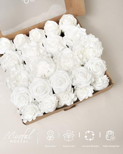 23pcs White Artificial Flowers Combo Box - Lifelike Premium Foam Peonies, Roses & Gardenias with Stems - DIY Wedding Bouquets, Centerpieces, Bridal Shower Decor & Bulk Fake Flowers - color: White