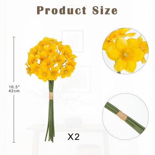 Briful 12 Stems Daffodils Artificial Flowers 2 Bunches Real Touch Fake Narcissus Flower 9in Silk Spring Fake Flowers Wedding Floral Decor Bouquet for Home Party Wedding Office Anniversary Decor,Yellow - color: Yellow#163