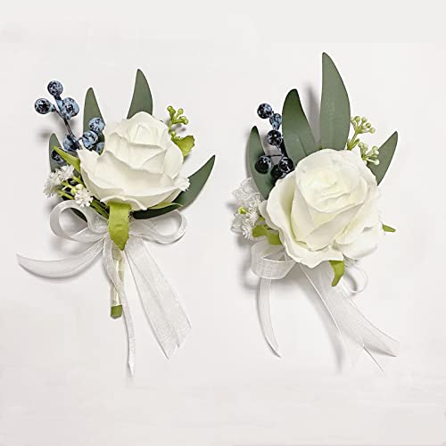 Corsage and Boutonniere Set, Handmade Artificial Peony Rose Wrist Corsage Wristlet and Groom Boutonniere for Men Wedding Prom Suit Decorations (White Rose Blue Berry) - color: White Rose Blue Berry