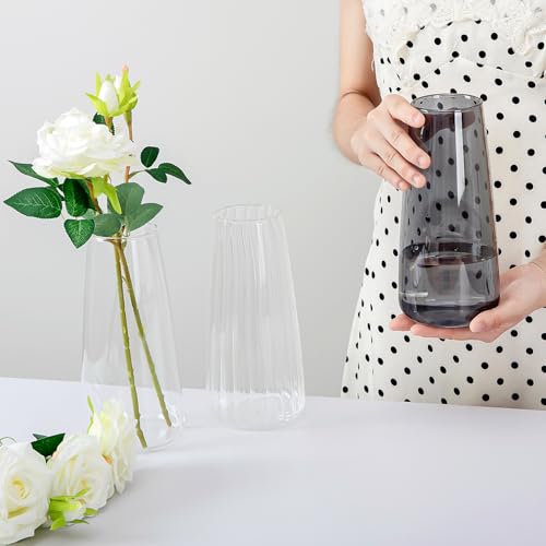Crystal Clear Glass Vase, Flower Vase for Table Centerpiece Home Decor, Modern Vases for Living Room, Wedding, Office, Coffee Table, Birthday Housewarming Gift, 8.3inch (Gray) - color: Gray