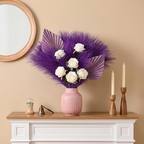 obbsie 50pcs Purple Faux Pampas Grass Decor, 21.6" Short Artificial Floral Branches Vase Filler Purple Flower Arrangement for Home Wedding Boho Outdoor Decor - color: Light Purple, size: 50 PCS