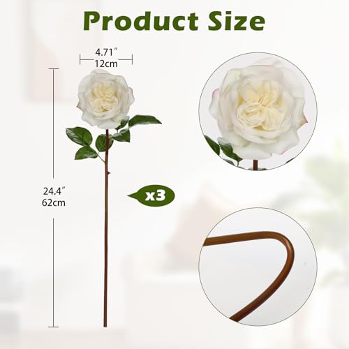 Artificial Roses - Set of 3 Long-Stem Real Touch Silk Roses, 24.4" Faux Flowers for Home Decor, Wedding Bouquets, Centerpieces & Floral Arrangements – Lifelike Cream Fake Roses - color: Cream