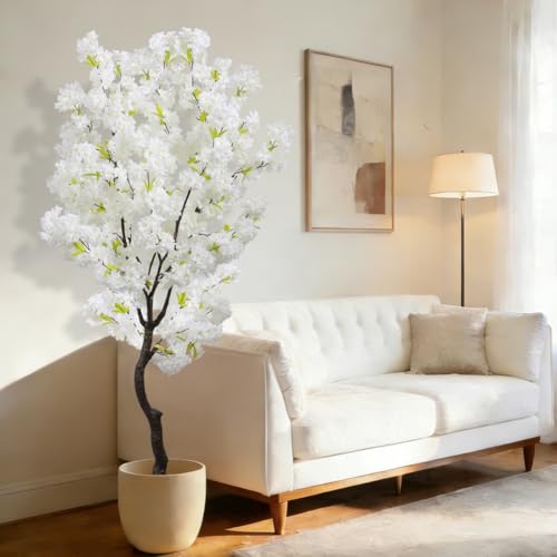 BINCUE Artificial White Cherry Blossom Tree Fake Tree Cherry Blossom Decor Fake Flowers Faux Flowering Tree White Flowers Floral for Indoor Outdoor Room Home Decor Spring Gift 6FT - color: White-04ap
