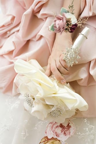 Blush Pink Corsage and Boutonniere Set for Wedding Prom Bride Groom Homecoming Rose Wristlet Band Bracelet Men Boutonniere Set Red Corsage Wristband Boutonniere for Wedding Suit Decorations - color: Pink