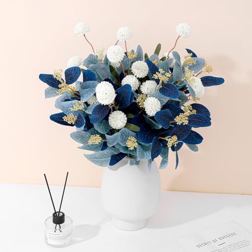 Dallisten Fake Flowers for Vase, 15 pcs Faux Silk Pompom Mum Artificial Flowers with Eucalyptus Stems, Mini Floral Long Stem Arrangements for Home Decor, Wedding, Table Centerpieces DIY Floral Designs - color: Navy Blue+light Blue+white