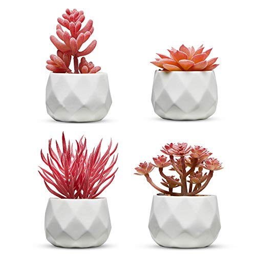 Nordik Set of 4 Desk Plants - Office Decor for Women Desk, Indoor, Living Room, Bedroom, Home and Desk Decor – Pink Faux Succulents in white Geometric Ceramic Planters - color: Ceramic White