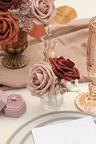 Floroom Artificial Flowers 25pcs Real Looking Terracotta Ombre Colors Foam Fake Roses with Stems for DIY Wedding Bouquets Bridal Shower Floral Centerpieces Party Tables Home Decorations - color: Shades of Terracotta