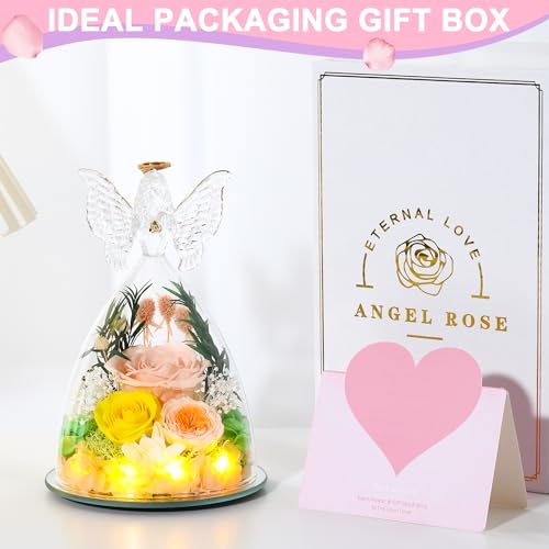Mothers Day Rose Gifts for Women Preserved Real Flower in Glass Angel Figurines Roses for Delivery Prime Birthday Gifts for Mom Grandma Girlfriend Wife Her, Champagne Austin Roses - color: Champagne With Austin Roses