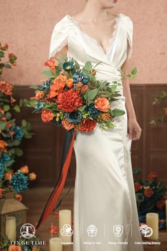 TINGE TIME 13 Inch Burnt Orange & Dark Teal Wedding Bouquets for Bride, Bridal Bouquet for Bride, Artificial Silk Rose for Graduation Bouquet, Fake Flowers for Fall Wedding Ceremony and Anniversary - color: Burnt Orange & Dark Teal