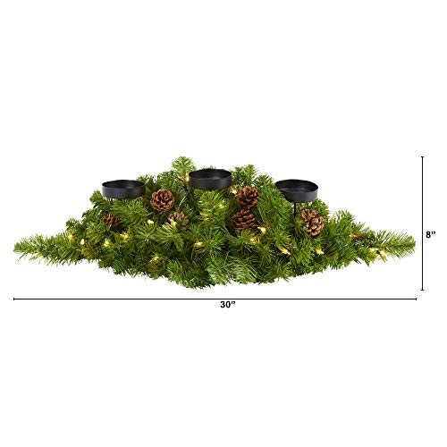 Nearly Natural 30in. Christmas Artificial Pine Triple Candelabrum with 35 Clear Lights and Pine Cones - size: 8in. W x 8in. D x 30in. H