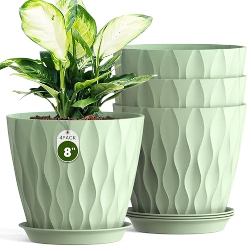 8 Inch Wave Plant Pots with Drainage Holes & Saucers, 4 Pack Modern Textured Medium Planters for Indoor Outdoor Plants, Decorative Flower Pots Repotting Set for Flowers, Herbs (Green) - color: Green
