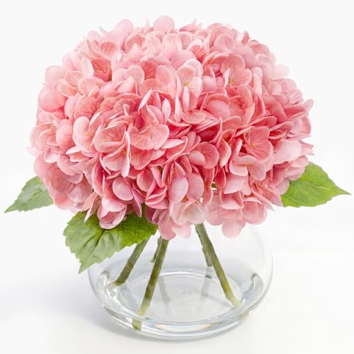 Hydrangea Artificial Flowers with Vase, Real Touch Latex Fake Hydrangeas Spring Stem Leaves Bouquet with Faux Water, Realistic Faux Flower for Home Office Bedroom Table Centerpiece Decor Pink - color: Pink