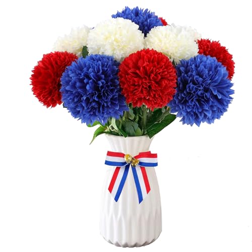 Hananona 12 Pcs Artificial Chrysanthemums Flowers Patriotic Flower, 4th of July Fake Mums Flowers Silk for Home Decor Indoor Memorial Day Table Centerpiece Vase not Included (12, Red, White, Blue) - color: Red, White, Blue