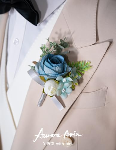 AuroraAria Dusty Blue Boutonniere for Men,Set of 6,Groom Boutonniere for Wedding,Anniversary,Homecoming,Formal Dinner Party,Wedding Decor,Artificial Dusty Blue Rose - color: Dusty Blue