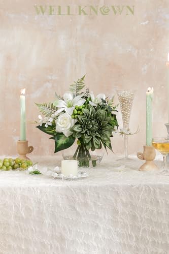 Artificial Flowers in Vase with Fake Water, Silk Rose Dahlia Lily Flowers Bouquet with Glass Vase for Home Birthday Party Wedding Dinning Table Office Hotel Decor Gift (Green & White Mixed) - color: Green & White Mixed