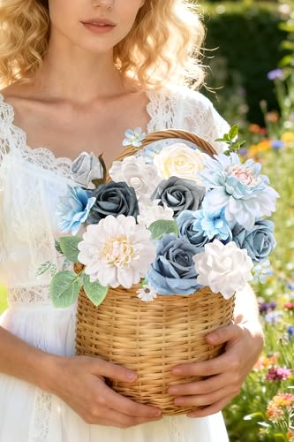 rongflower Blue Artificial Flowers Combo Box Set Silk Flowers Fake Rose for DIY Floral Arrangements Wedding Bouquets Centerpieces Baby Shower Party Home Decorations - color: Blue