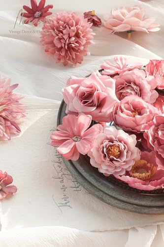 Floroom Mini Artificial Flower Heads Dusty Rose Fake Peony Daisy Rose Multicolor Small Faux Silk Flower Heads for Cake Craft Garland Wedding Party Graduation Cap DIY Home Decoration, 0.8"-3.6" - color: Antique Dusty Rose