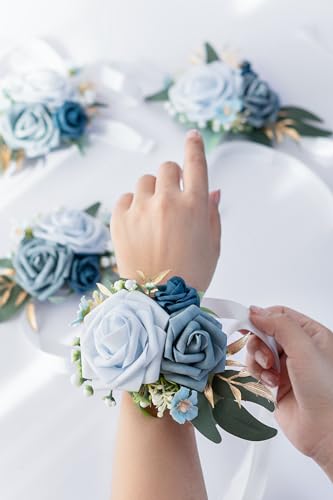 Set of 2 Wrist Corsage Wristlet for Wedding Bridesmaid Mother Grandmother for Bridal Shower Wedding Artificial Roses Flower Prom (Dusty Blue) - color: Dusty Blue