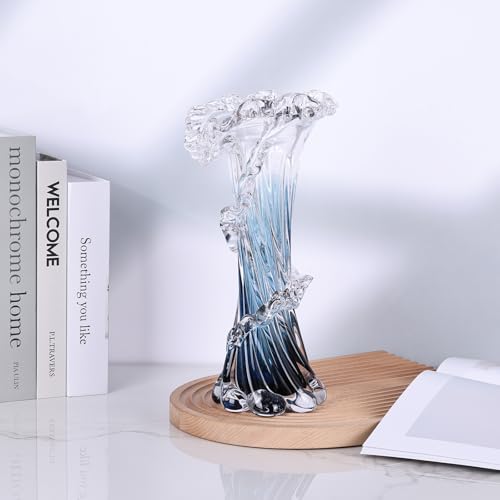 Hand Blown Blue Glass Vase, Unique Art Beautiful Ocean Glass Vase for Coastal Home Decor, Coffee Table, Living Room, Office Decor - 11.8" H(Large) - size: Large