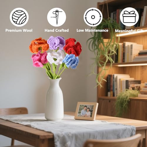 6Pcs Handmade Carnation Crochet Flower Bouquet, Completed Carnations Artificial Flower, Carnation Flower Wedding Bouquet (6 Colors) - color: 6 Colors