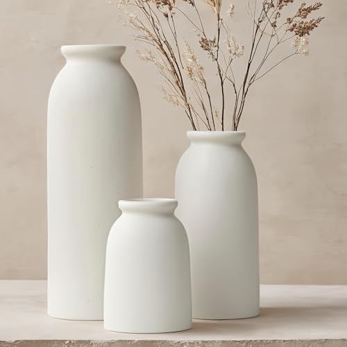 Ceramic Vase Set-3, Small Flower Vases for Decor, Modern Boho Farmhouse Style, Decorative Vases for Pampas Grass & Dried Flowers, Distressed Finish (White) - color: White