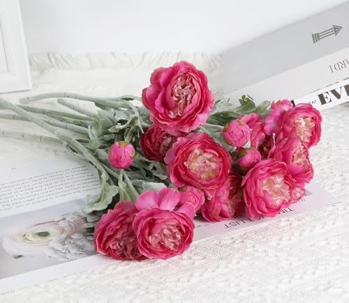 IPOPU Hot Pink Flowers Fake Peonies Artificial Ranunculus Flowers 6pcs 18Heads Hot Pink Silk Flowers 20.47" for Faux Floral Arrangements Wedding Bouquets Home Table Decor - color: Hot Pink