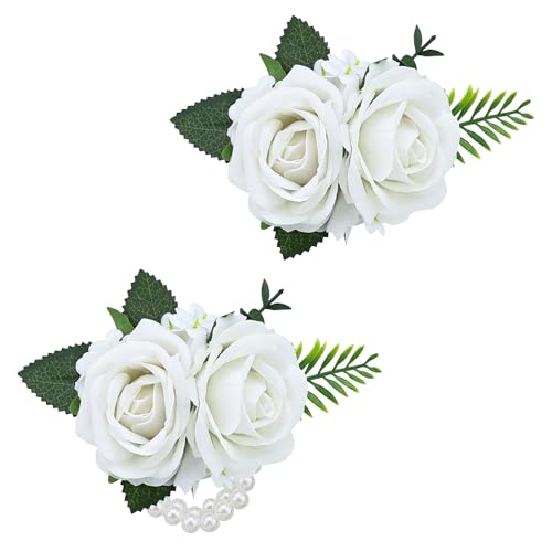 2Pcs White Artificial Rose Wrist Corsage Wristlet Band and Boutonniere Set, for Wedding Bride Bridesmaid Flowers Accessories Prom Party Men Groom Groomsmen Suit Decor - color: White