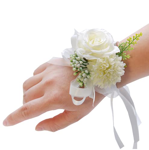 2 Pack Flower Wrist Corsage Boutonniere Set,3" Artificial Rose and Carnation Handmade Silk Flower for Wedding Flowers Accessories Prom Suit Decor(White) - color: White